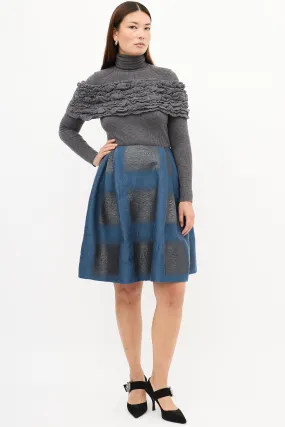 Blue & Black Cloque Brocade Midi Skirt