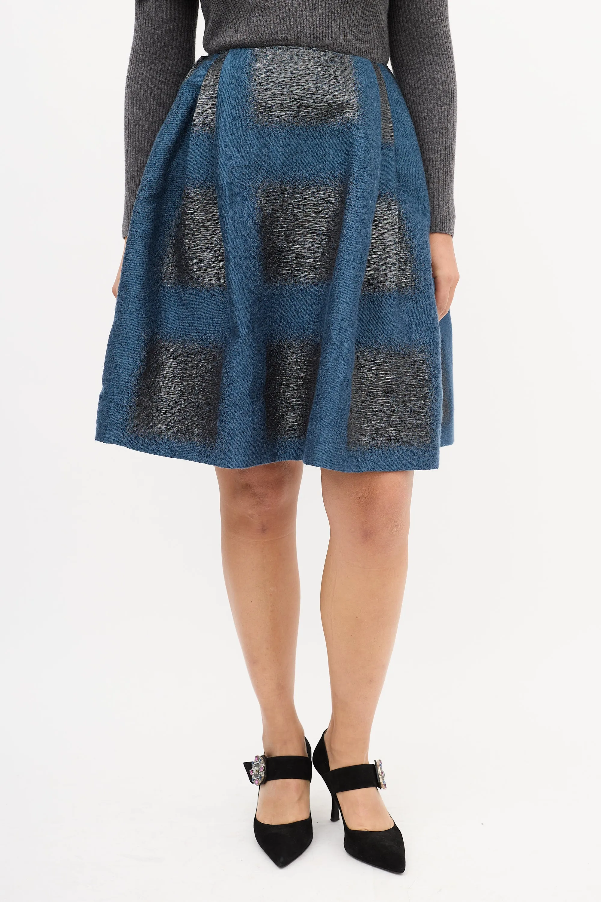 Blue & Black Cloque Brocade Midi Skirt