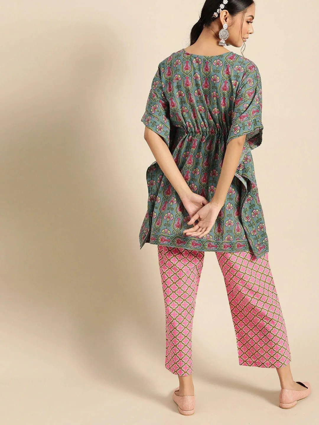 Blue & Pink Pure Cotton Printed Tunic with Palazzos