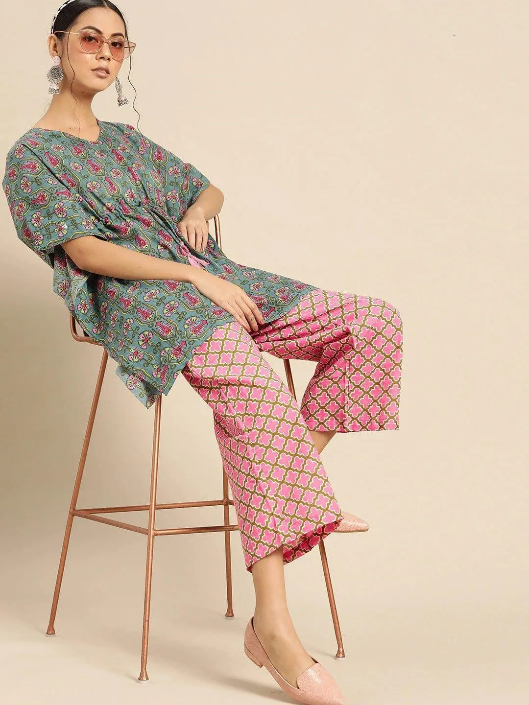 Blue & Pink Pure Cotton Printed Tunic with Palazzos