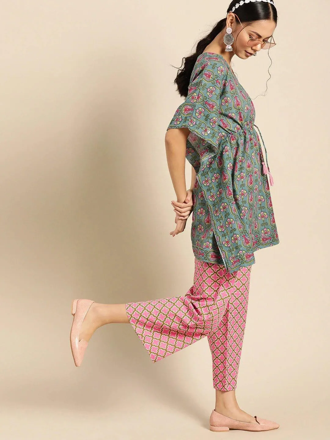 Blue & Pink Pure Cotton Printed Tunic with Palazzos
