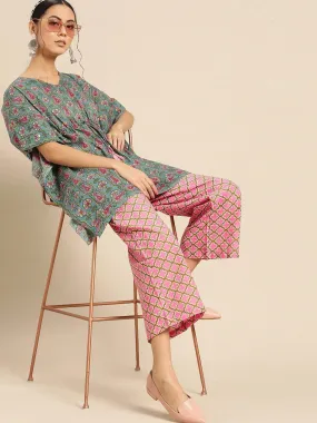 Blue & Pink Pure Cotton Printed Tunic with Palazzos