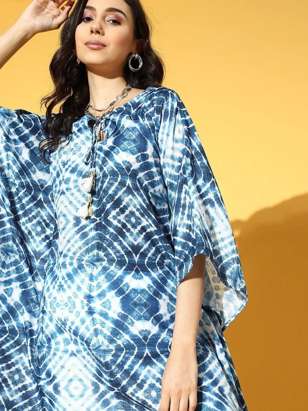 Blue And White Tie And Dye Kaftan With Organza Embellished Bottom