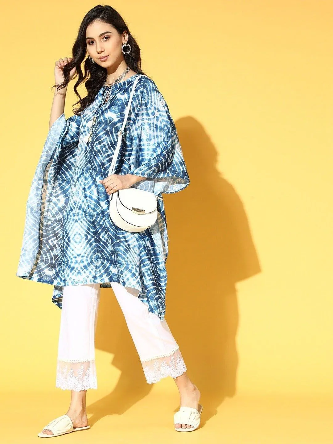 Blue And White Tie And Dye Kaftan With Organza Embellished Bottom