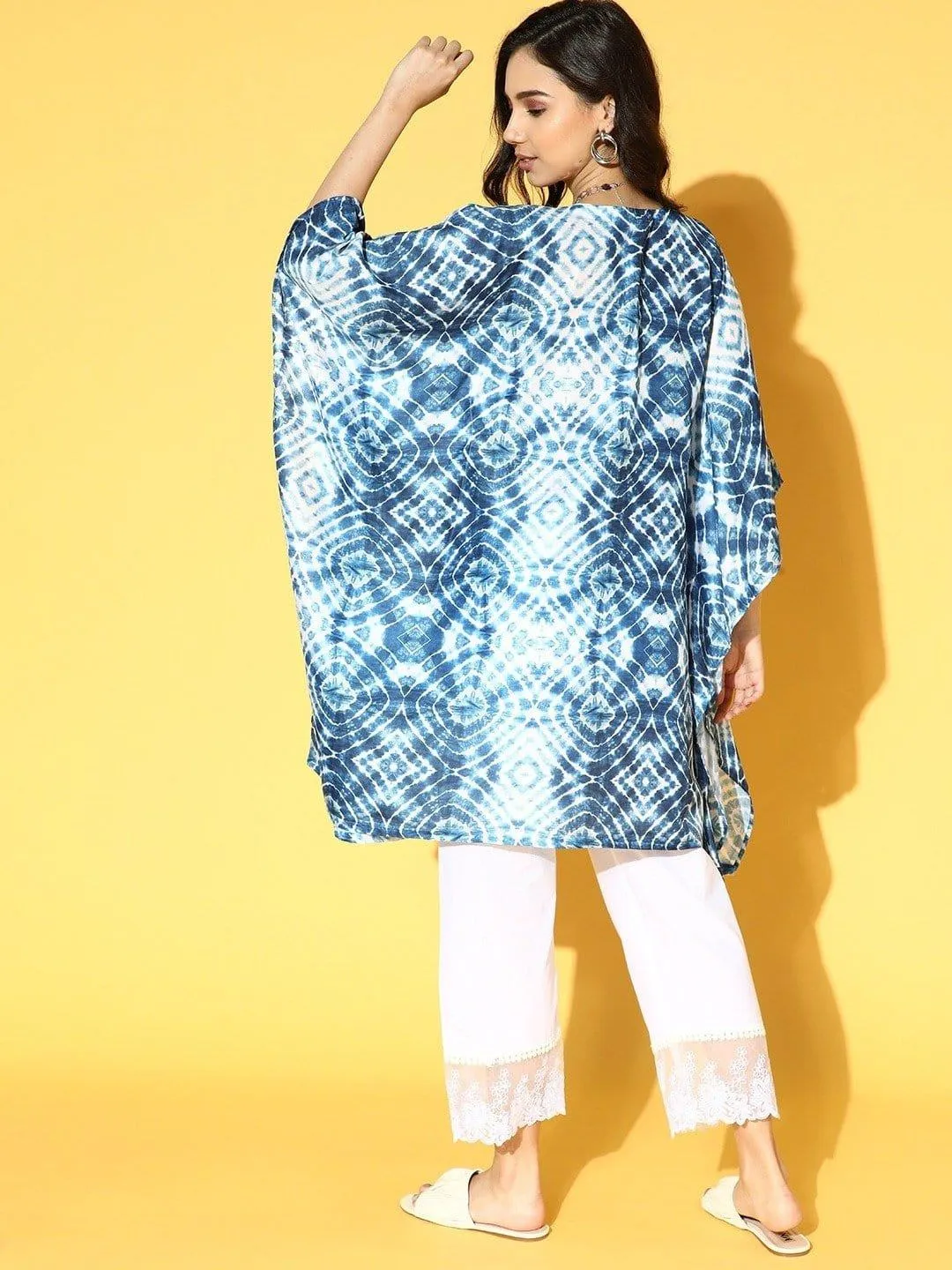 Blue And White Tie And Dye Kaftan With Organza Embellished Bottom