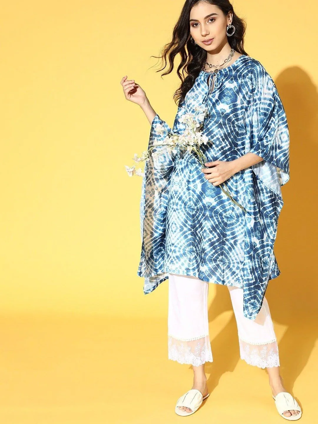 Blue And White Tie And Dye Kaftan With Organza Embellished Bottom