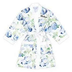 BLUE WATERCOLOR FLORAL SILKY KIMONO ROBE ON WHITE