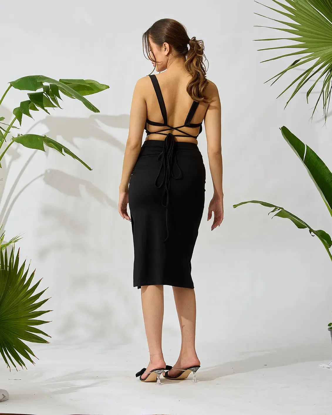 Bodycon Knee Length Dress with Back String Detail