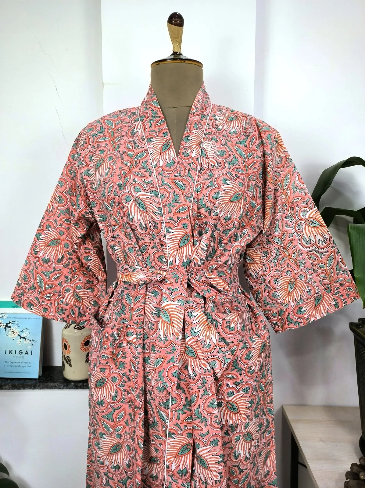 Boho Cotton Kimono House Robe Indian Handprinted Cherry Blossom Botanical | Lightweight Summer Luxury Beach Holiday Cover Up Stunning Dress