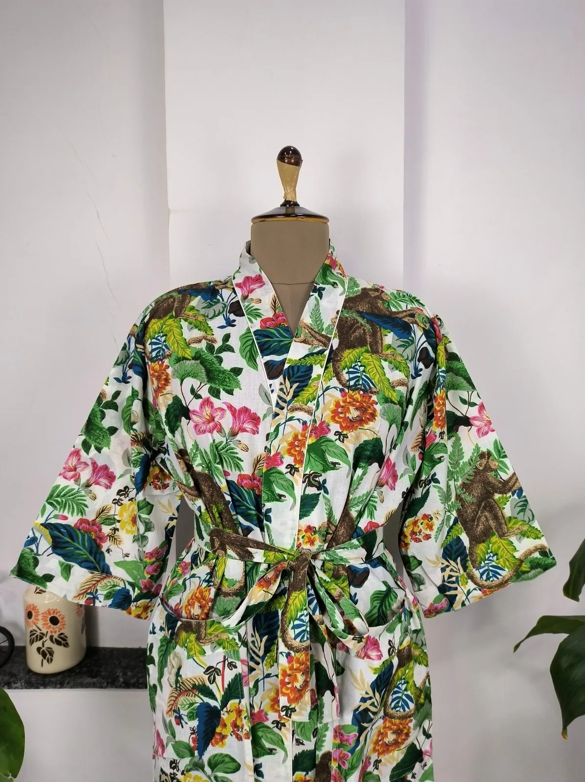 Boho House Robe Indian Handprinted Cotton Kimono Jungle Monkey Print | Perfect for Summer Luxury Beach Holiday Yacht Cover Up Stunning Dress