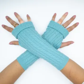 Bright Aqua Blue Cable Fingerless Gloves