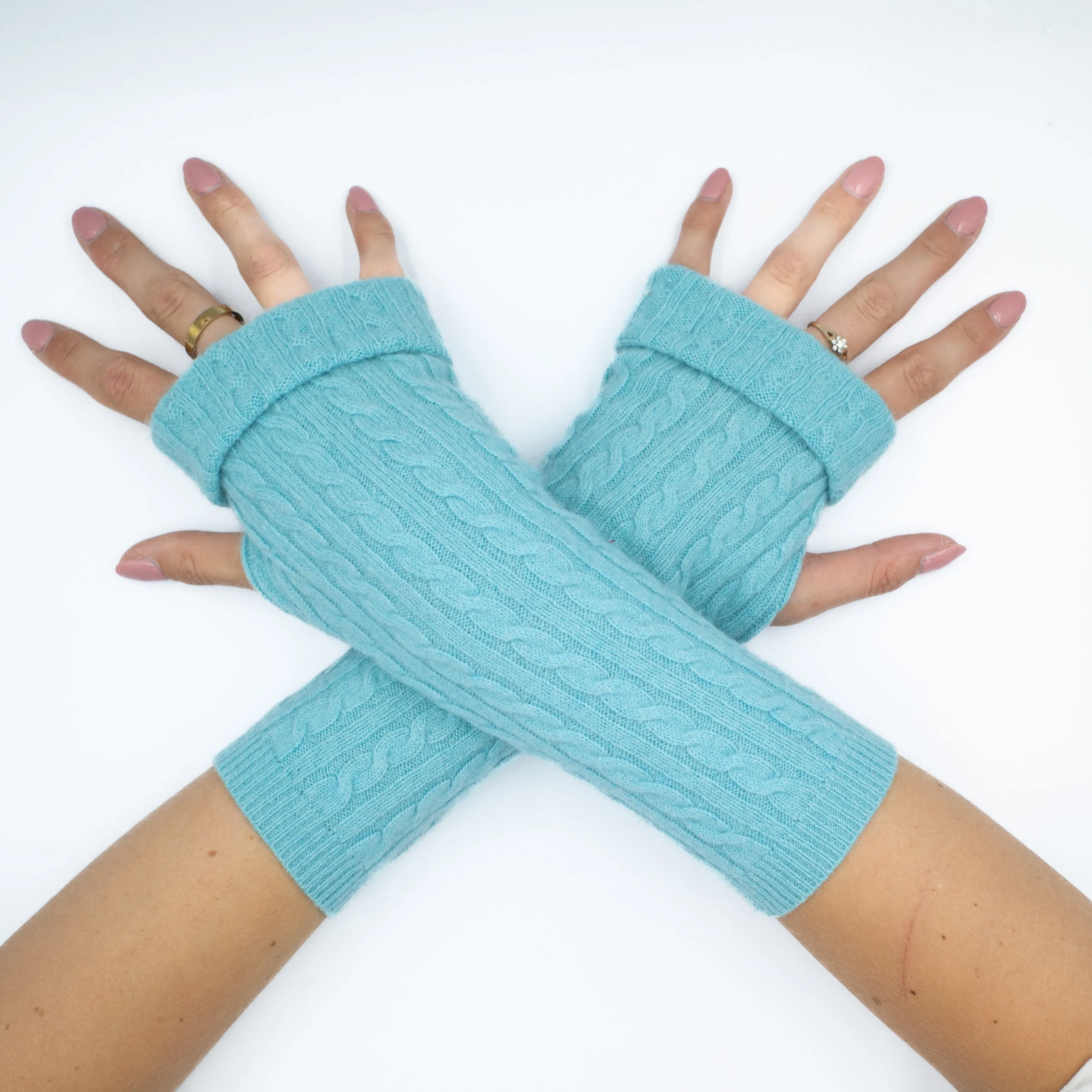 Bright Aqua Blue Cable Fingerless Gloves