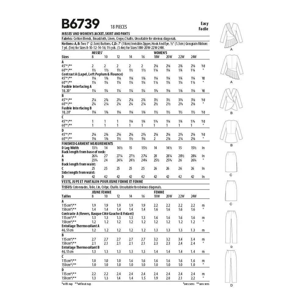 Butterick Pattern B6739 Misses' Jacket, Dress, Top, Skirt & Pants