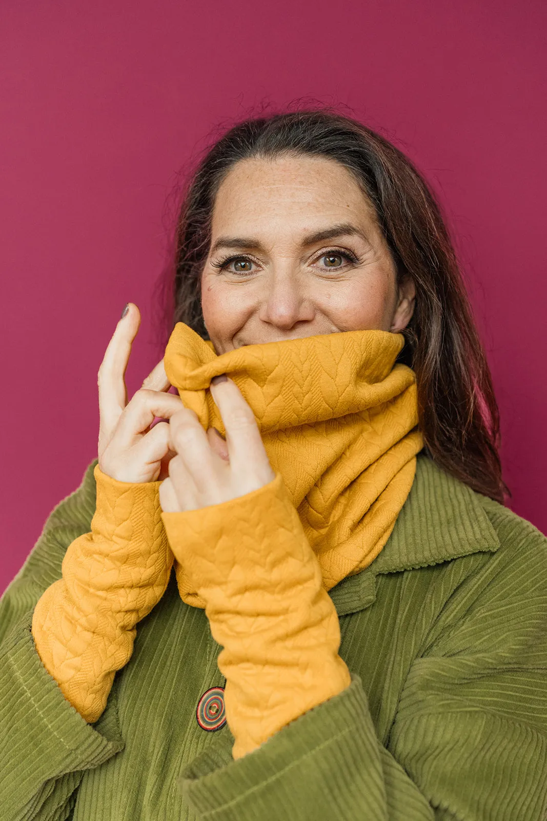 Cable Knit Jersey Cowl and Wrist Warmers Set in Mustard