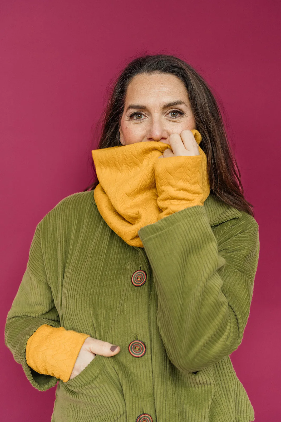 Cable Knit Jersey Cowl and Wrist Warmers Set in Mustard