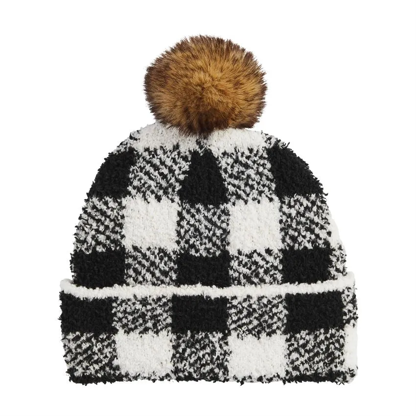Chenille Beanie White Check