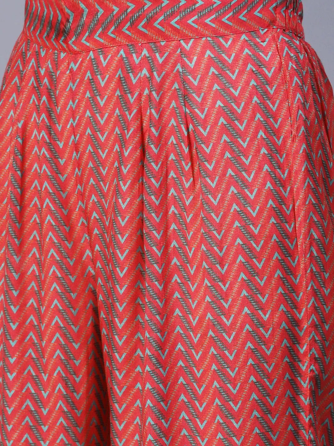 Chevron Printed Resham Embroidered Crop Top With Palazzo & Floral Angular Cut Jacket - Coral