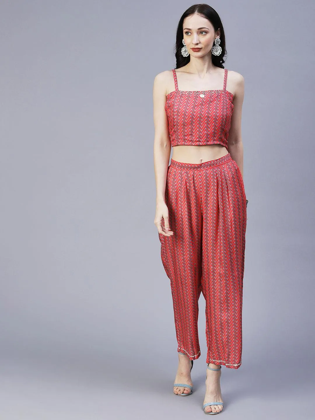 Chevron Printed Resham Embroidered Crop Top With Palazzo & Floral Angular Cut Jacket - Coral