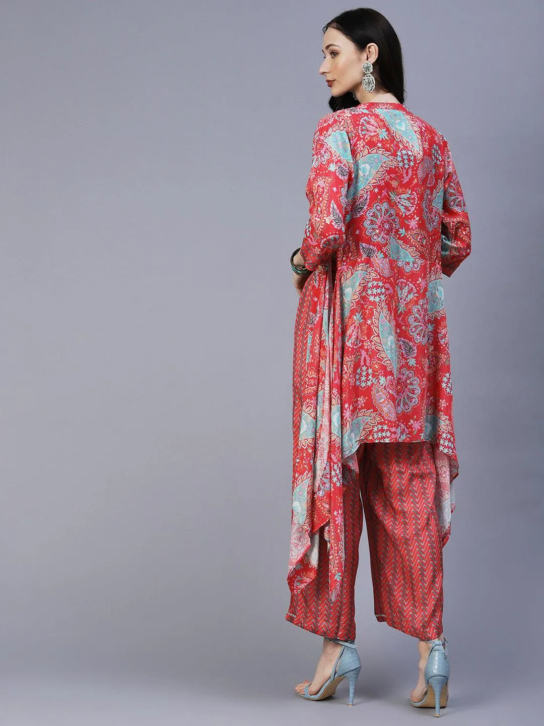 Chevron Printed Resham Embroidered Crop Top With Palazzo & Floral Angular Cut Jacket - Coral