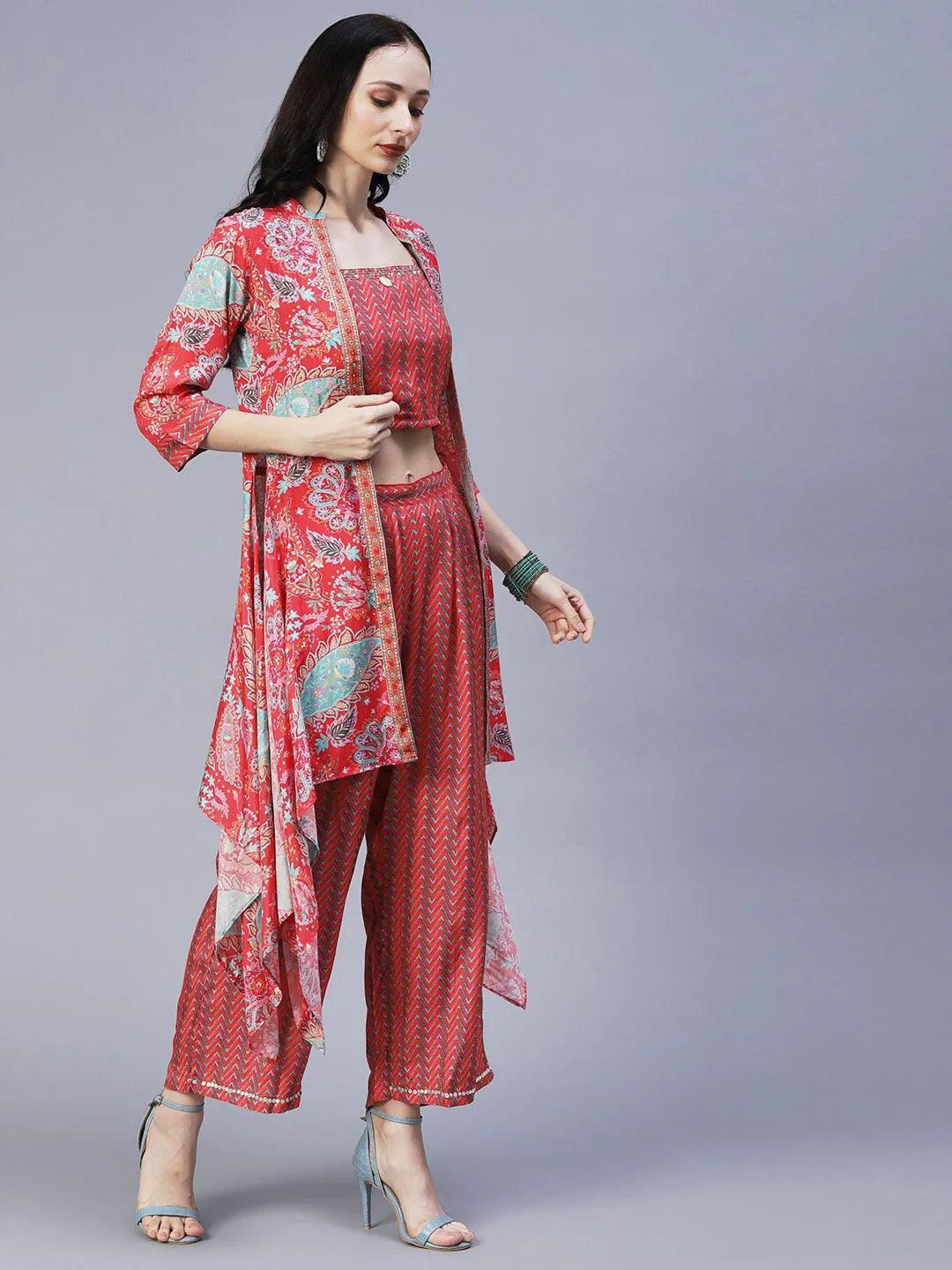 Chevron Printed Resham Embroidered Crop Top With Palazzo & Floral Angular Cut Jacket - Coral