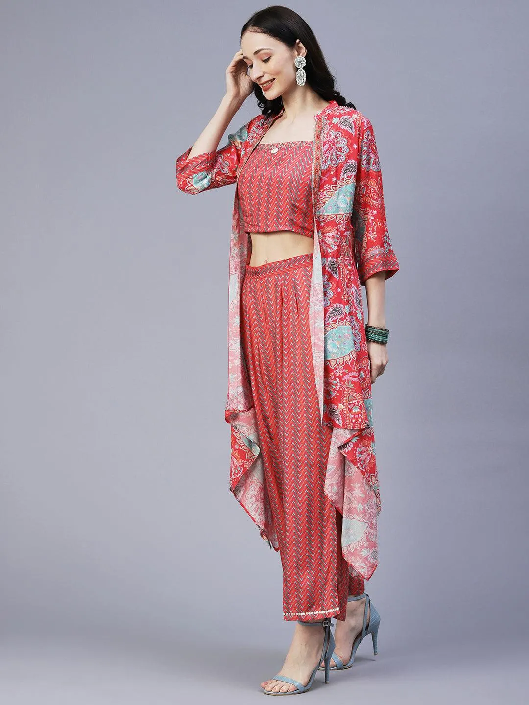 Chevron Printed Resham Embroidered Crop Top With Palazzo & Floral Angular Cut Jacket - Coral