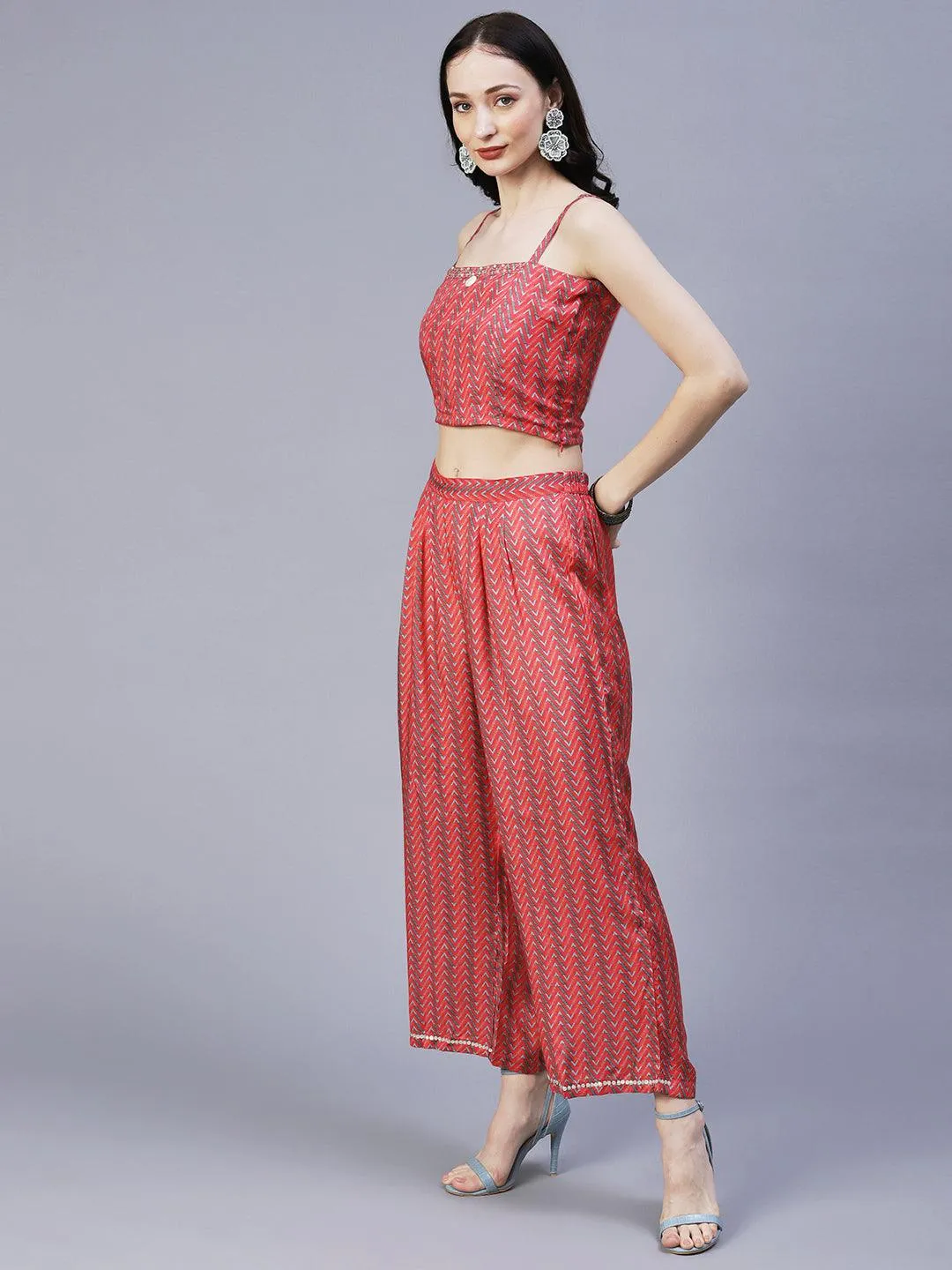 Chevron Printed Resham Embroidered Crop Top With Palazzo & Floral Angular Cut Jacket - Coral