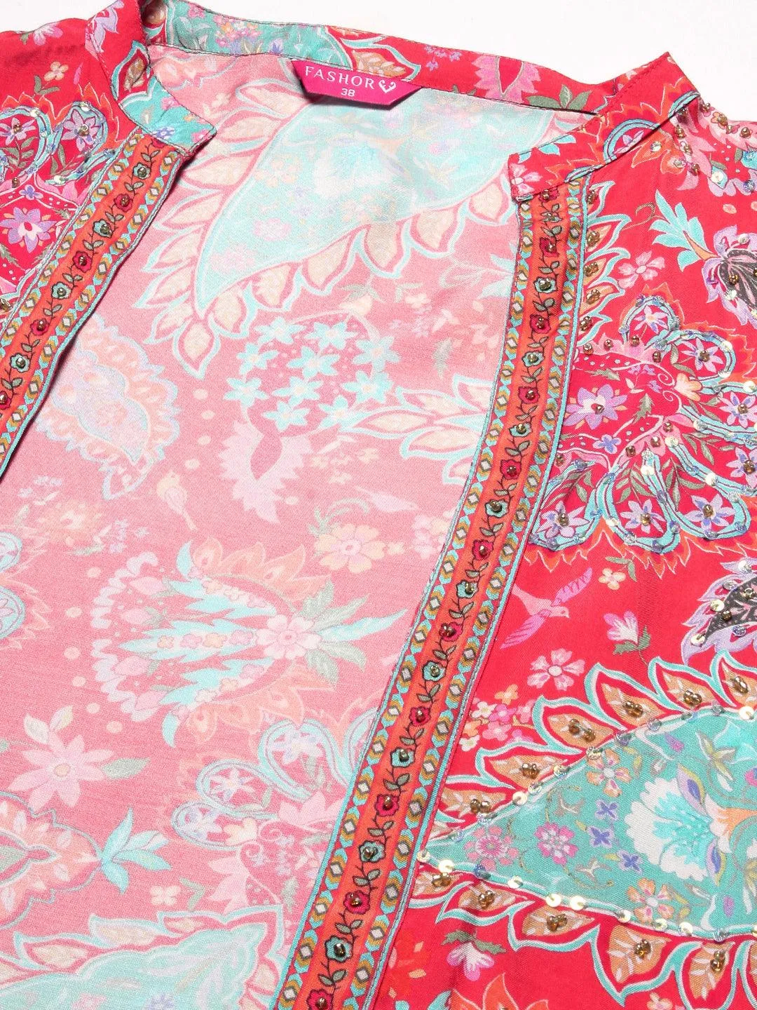 Chevron Printed Resham Embroidered Crop Top With Palazzo & Floral Angular Cut Jacket - Coral