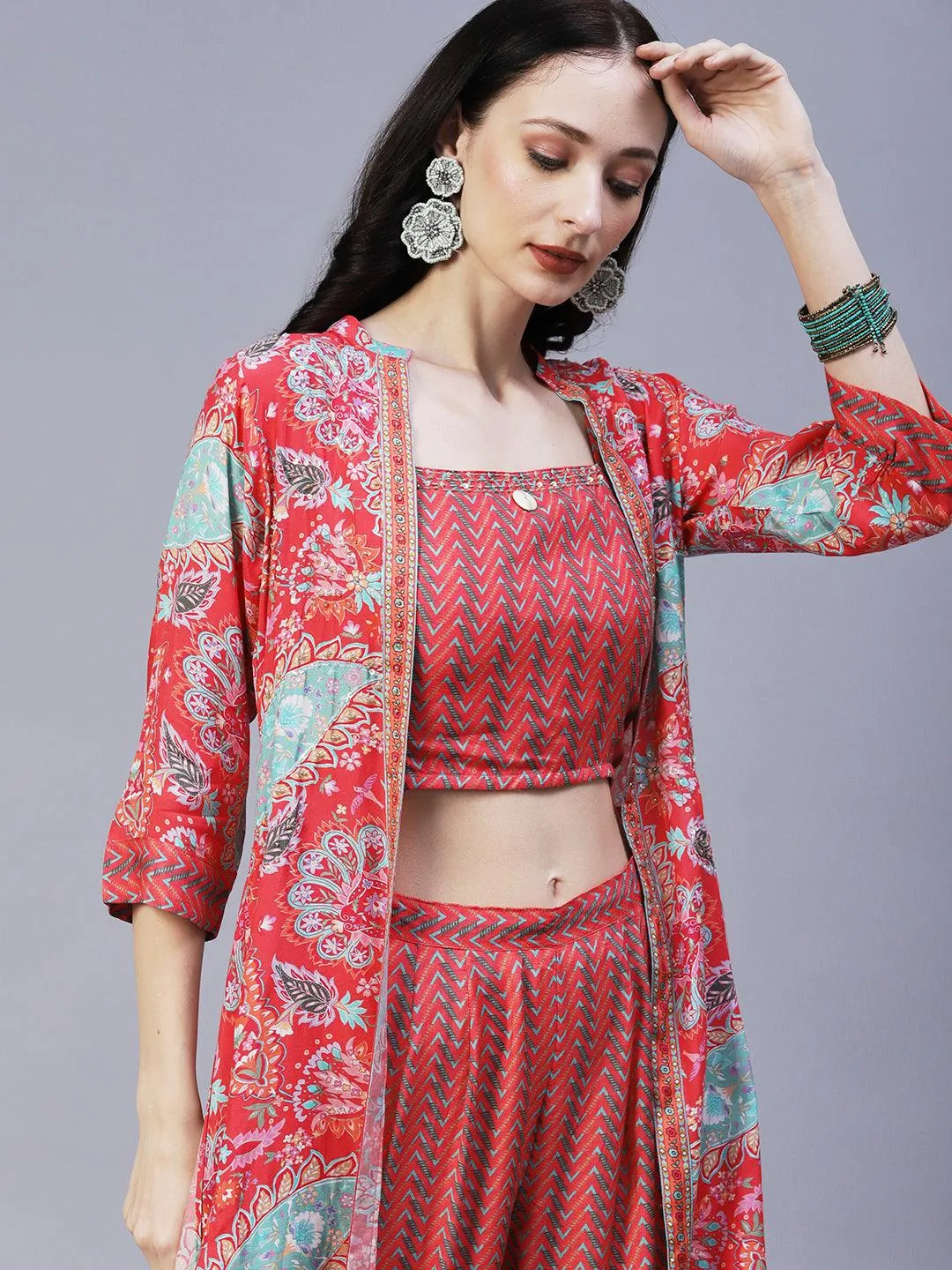 Chevron Printed Resham Embroidered Crop Top With Palazzo & Floral Angular Cut Jacket - Coral