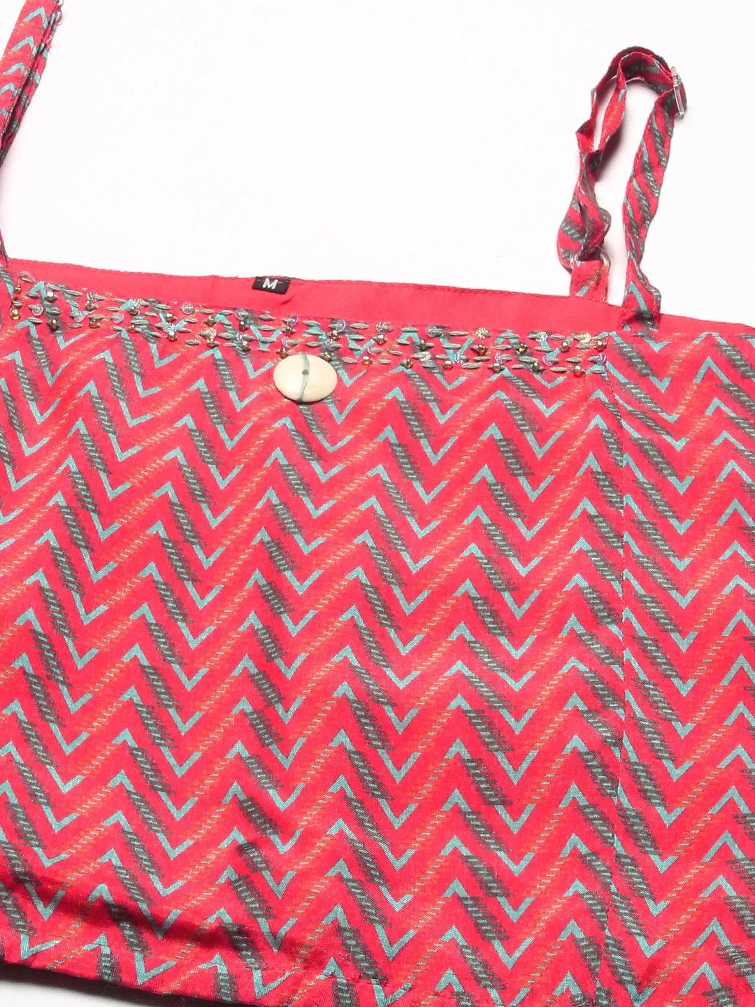 Chevron Printed Resham Embroidered Crop Top With Palazzo & Floral Angular Cut Jacket - Coral