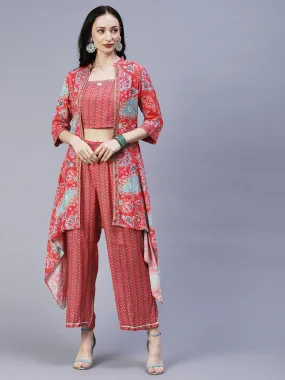 Chevron Printed Resham Embroidered Crop Top With Palazzo & Floral Angular Cut Jacket - Coral