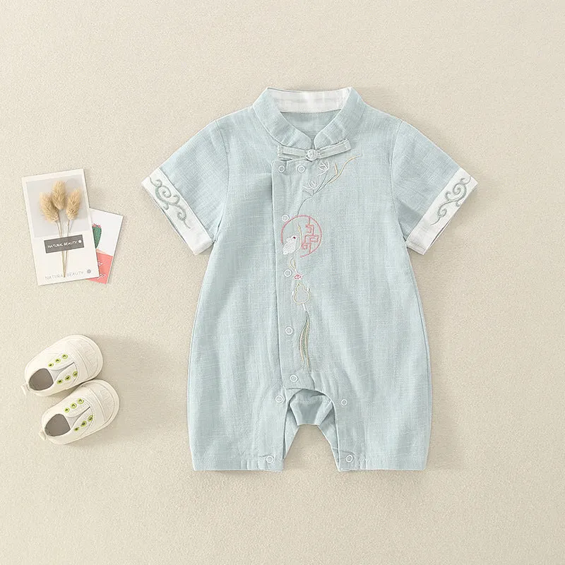 Chinese Style One Year Old Celebration Dress Male and Female Baby Hundred Days Jumpsuit Summer Baby Zhuazhou Tang Suit Thin Romper Rabbit