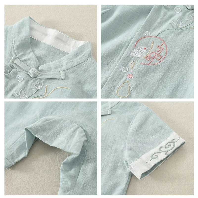 Chinese Style One Year Old Celebration Dress Male and Female Baby Hundred Days Jumpsuit Summer Baby Zhuazhou Tang Suit Thin Romper Rabbit