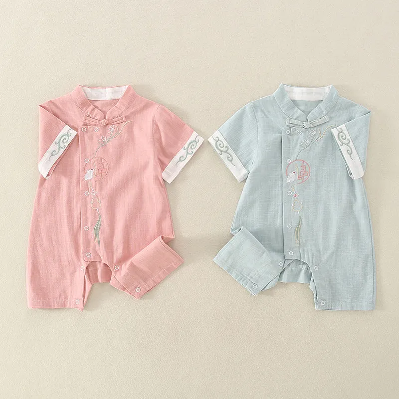 Chinese Style One Year Old Celebration Dress Male and Female Baby Hundred Days Jumpsuit Summer Baby Zhuazhou Tang Suit Thin Romper Rabbit