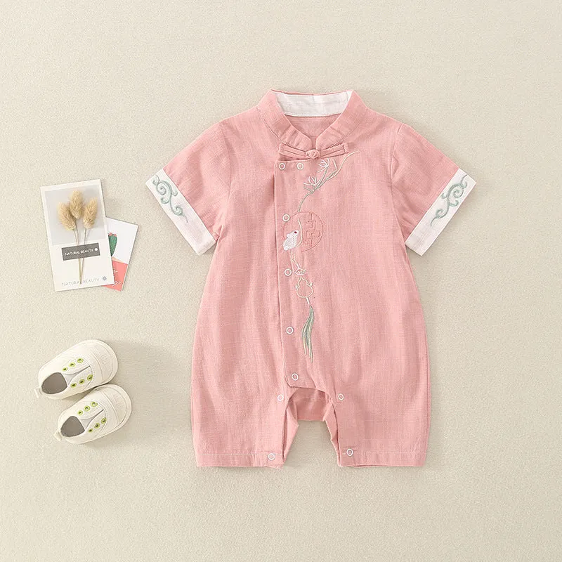 Chinese Style One Year Old Celebration Dress Male and Female Baby Hundred Days Jumpsuit Summer Baby Zhuazhou Tang Suit Thin Romper Rabbit