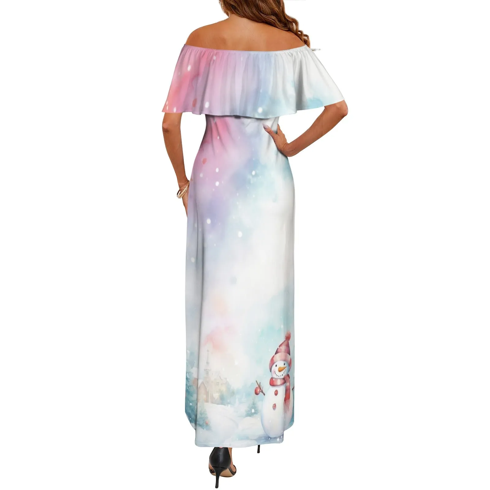 Christmas background with snowman 3 Women's Off Shoulder Ruffle Boat Neck Dress (Model D71)