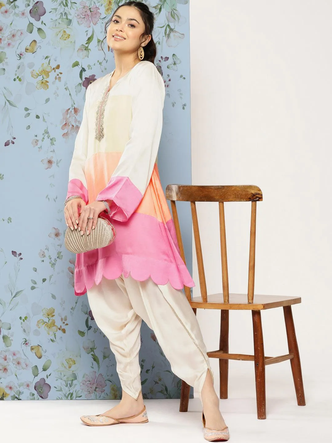 Colorblocked A-Line Embroidered Kurta with Dhoti Pant - Multi