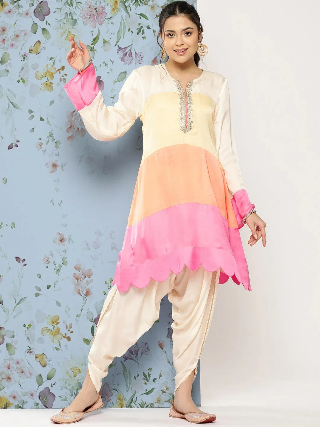 Colorblocked A-Line Embroidered Kurta with Dhoti Pant - Multi
