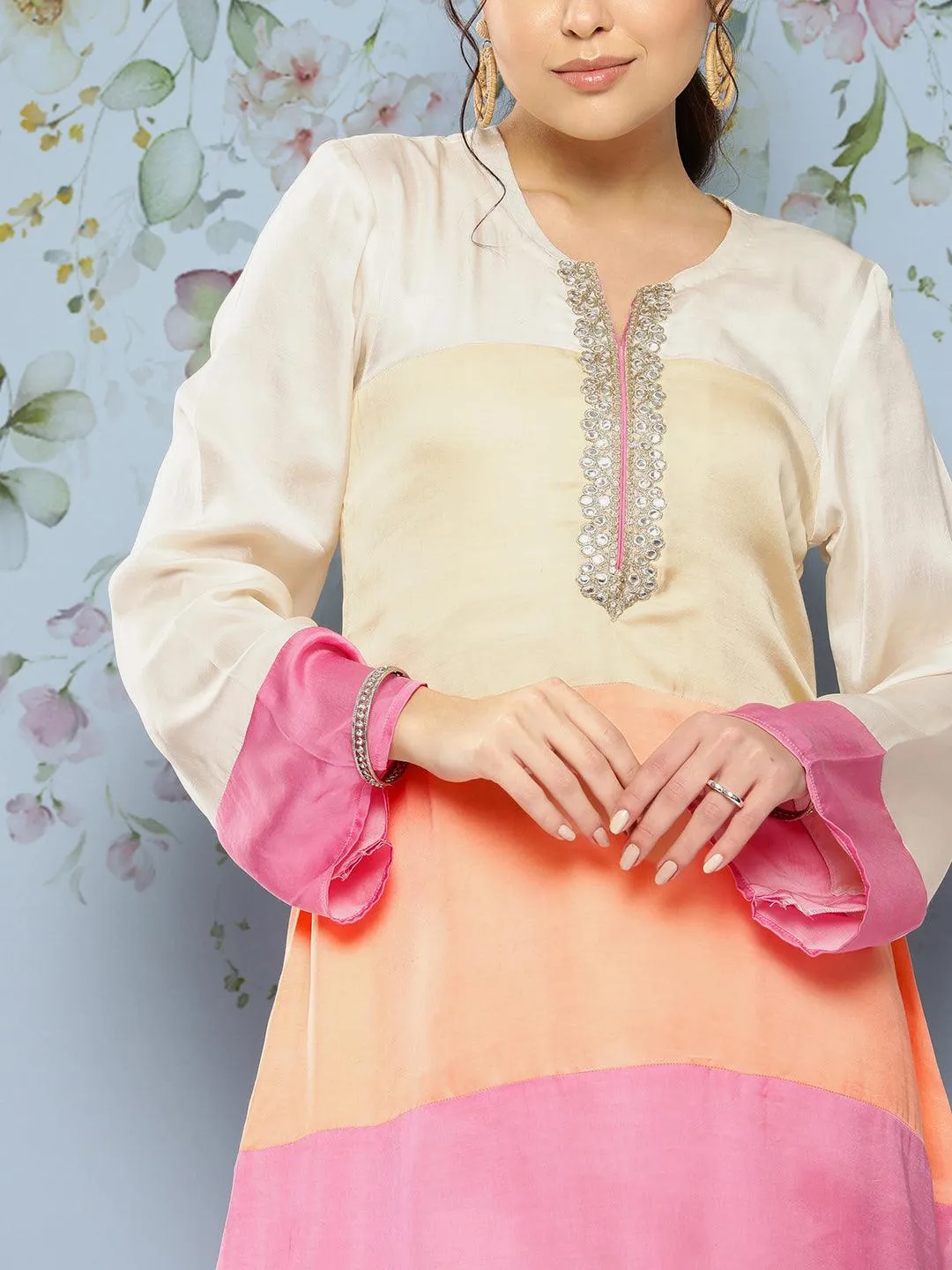 Colorblocked A-Line Embroidered Kurta with Dhoti Pant - Multi