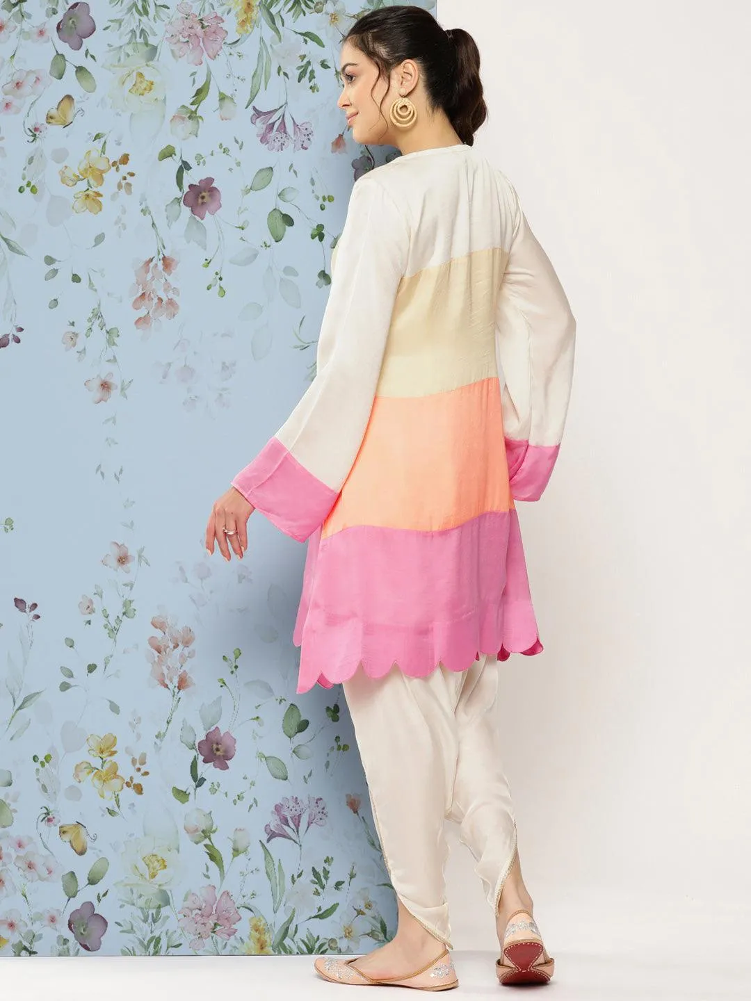 Colorblocked A-Line Embroidered Kurta with Dhoti Pant - Multi