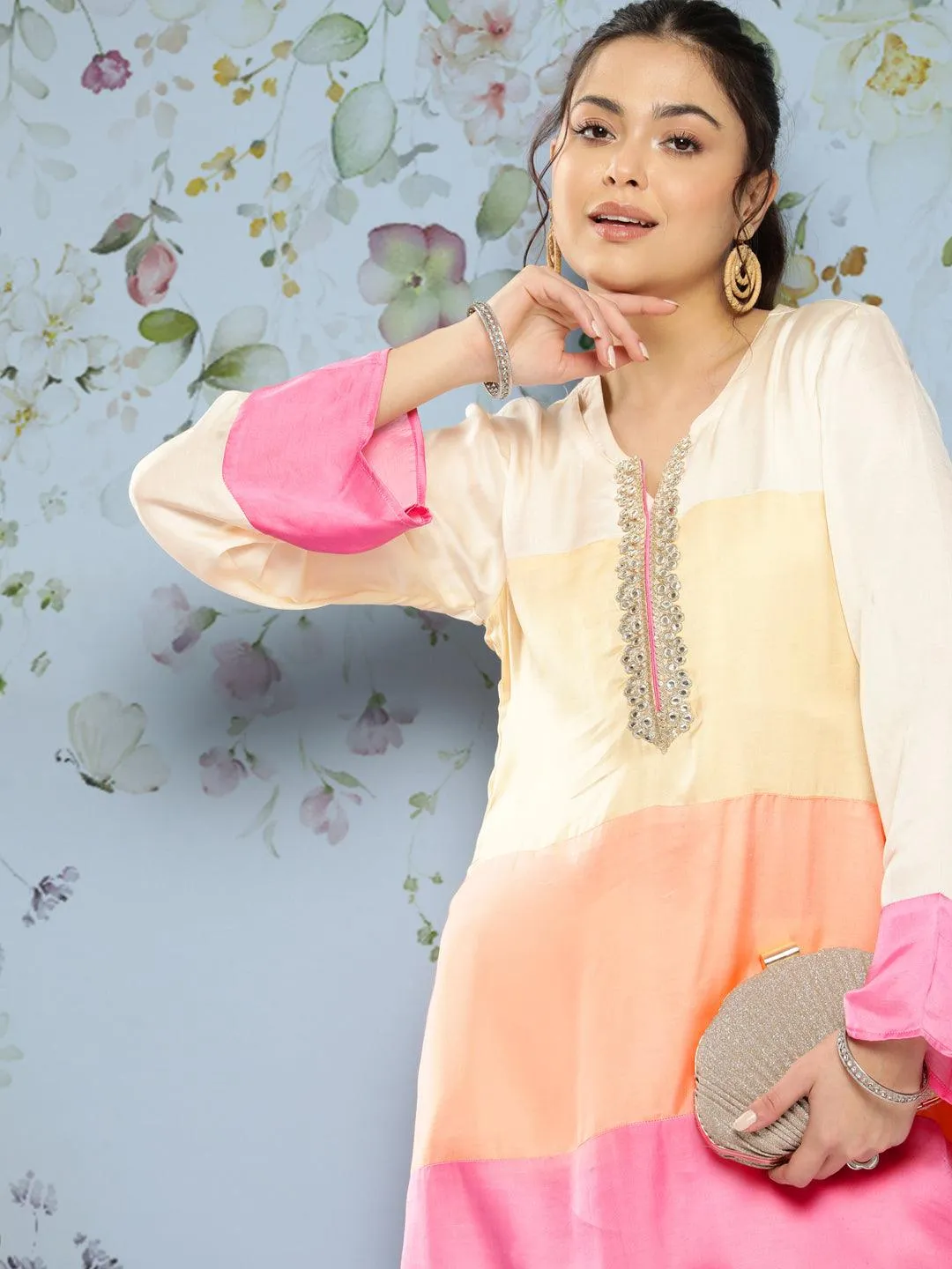 Colorblocked A-Line Embroidered Kurta with Dhoti Pant - Multi