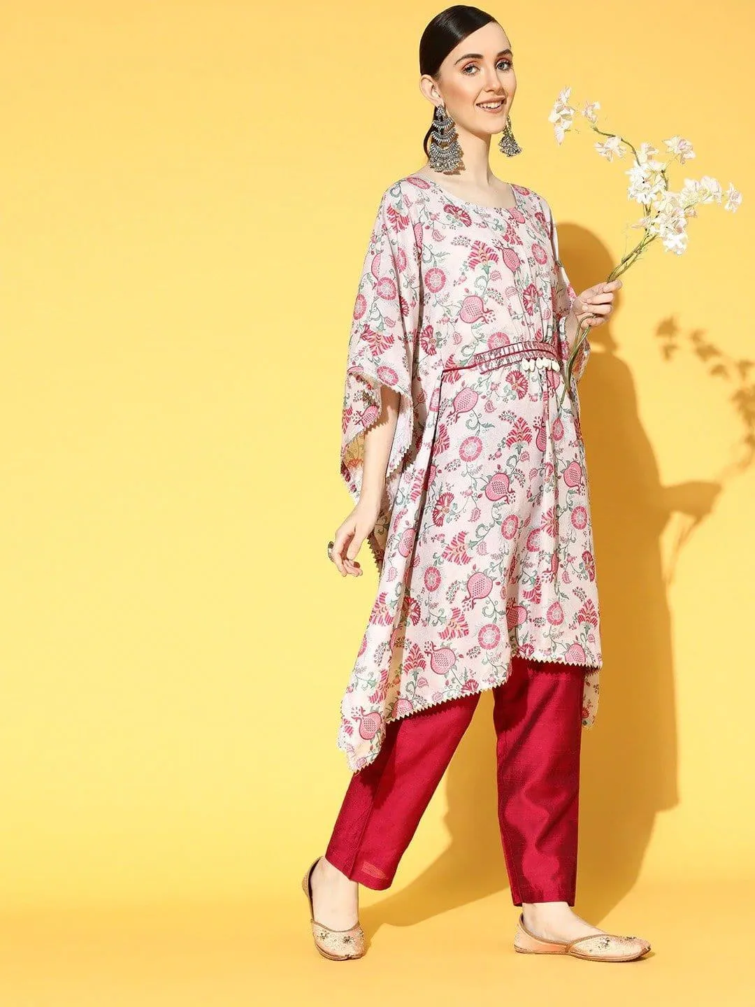 Cream And Pink Floral Printed Kaftan With Shell And Mirror Work Embellished Belt And Silk Trouser.