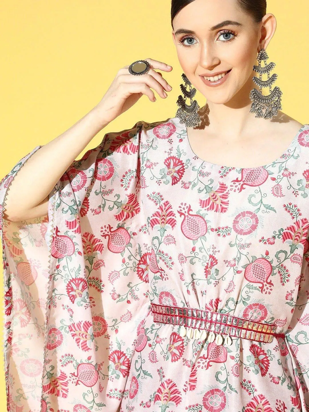 Cream And Pink Floral Printed Kaftan With Shell And Mirror Work Embellished Belt And Silk Trouser.