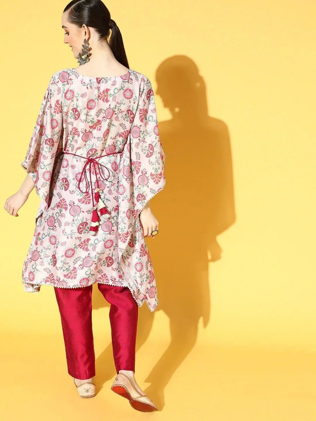 Cream And Pink Floral Printed Kaftan With Shell And Mirror Work Embellished Belt And Silk Trouser.