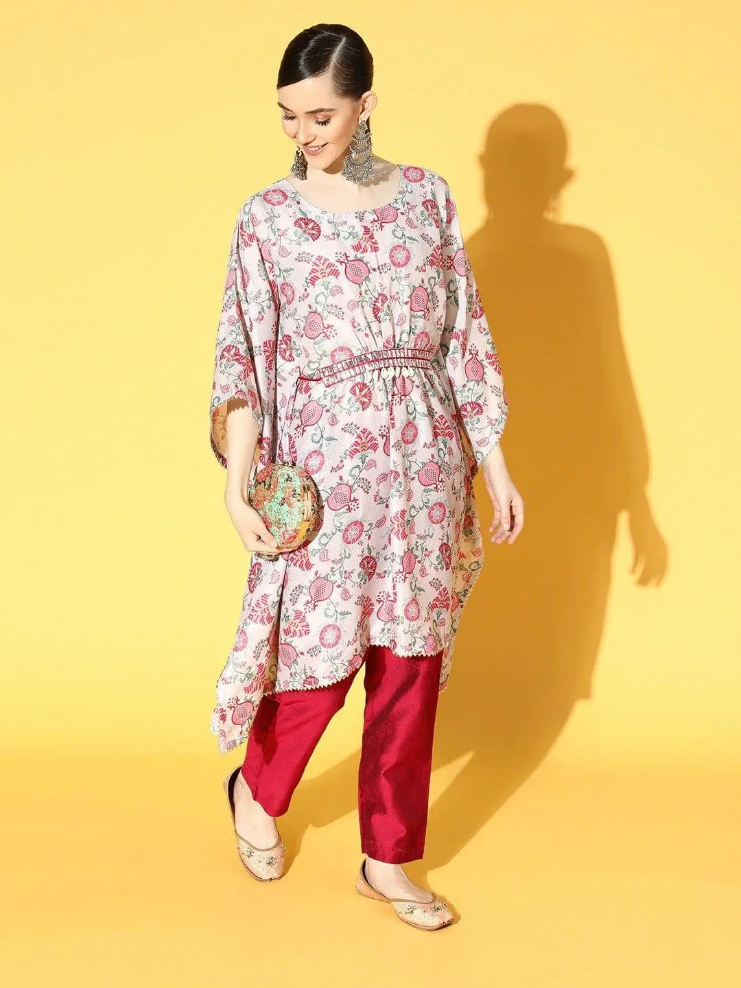 Cream And Pink Floral Printed Kaftan With Shell And Mirror Work Embellished Belt And Silk Trouser.