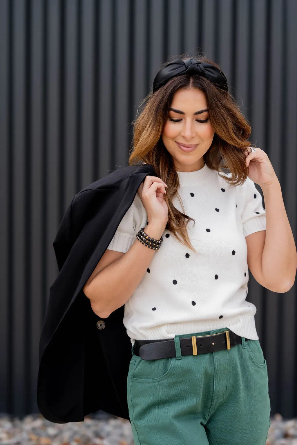 Dotted Ribbed Trim Short Sleeve Sweater