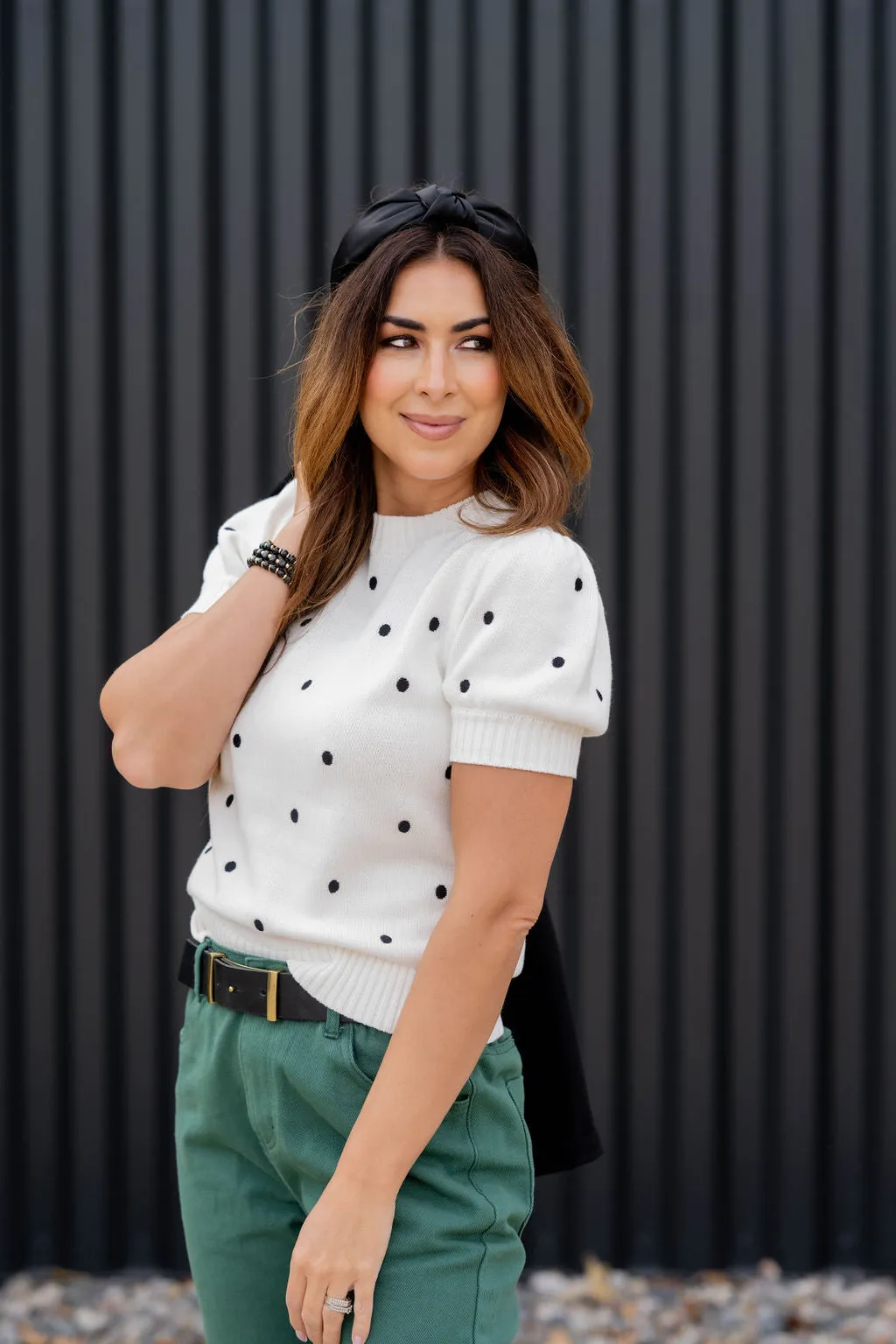 Dotted Ribbed Trim Short Sleeve Sweater