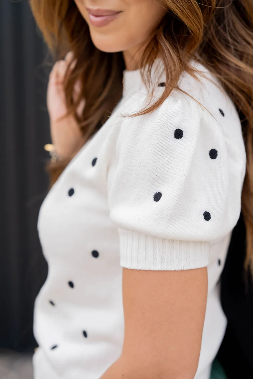 Dotted Ribbed Trim Short Sleeve Sweater