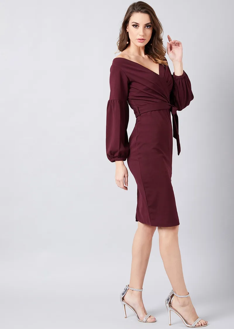 *Dramatic Entrance Lantern Sleeve Wrap Dress in Plum