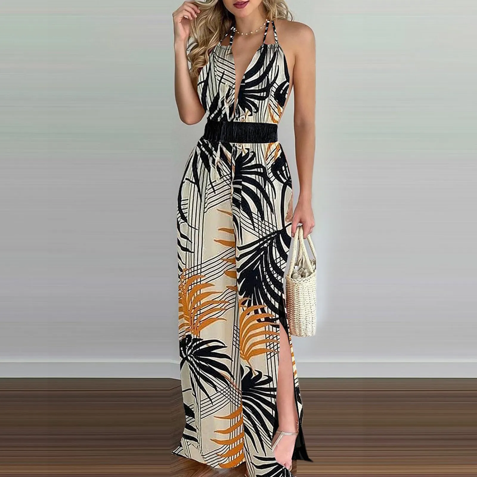 DUNNMALL  New European and American Women's Clothing Dress Wish Independent Station Digital Printing Colorful Jumpsuit Women