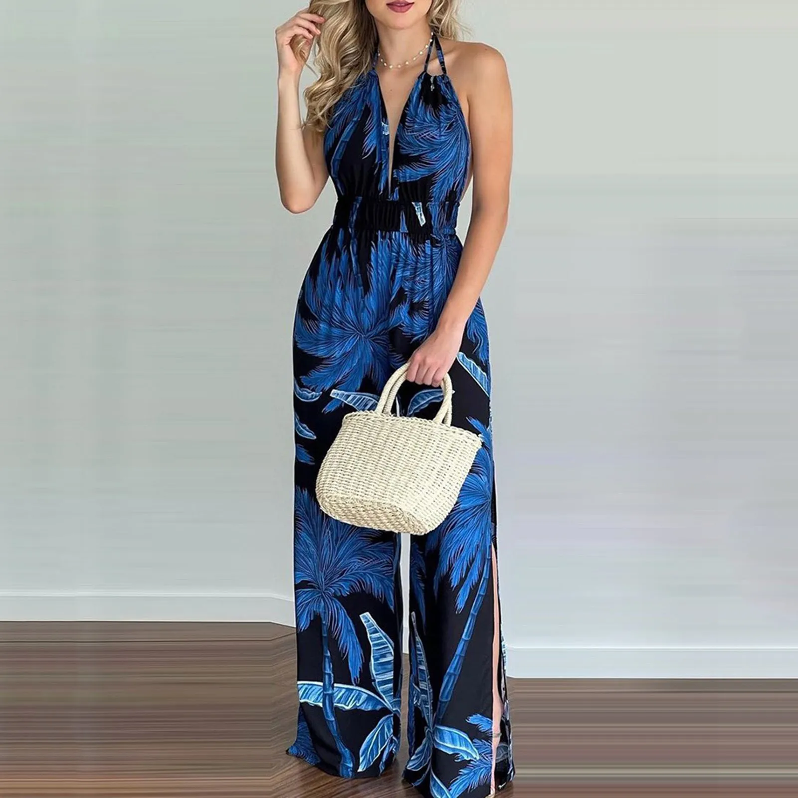 DUNNMALL  New European and American Women's Clothing Dress Wish Independent Station Digital Printing Colorful Jumpsuit Women